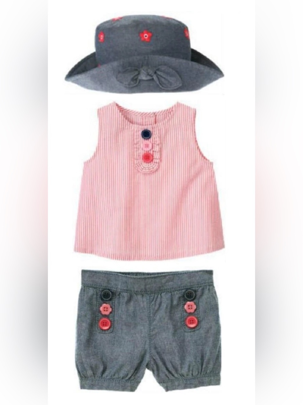 NWT Gymboree Girls Blooming Nautical 3-pc Seersucker Top, Chambray Shorts, Hat